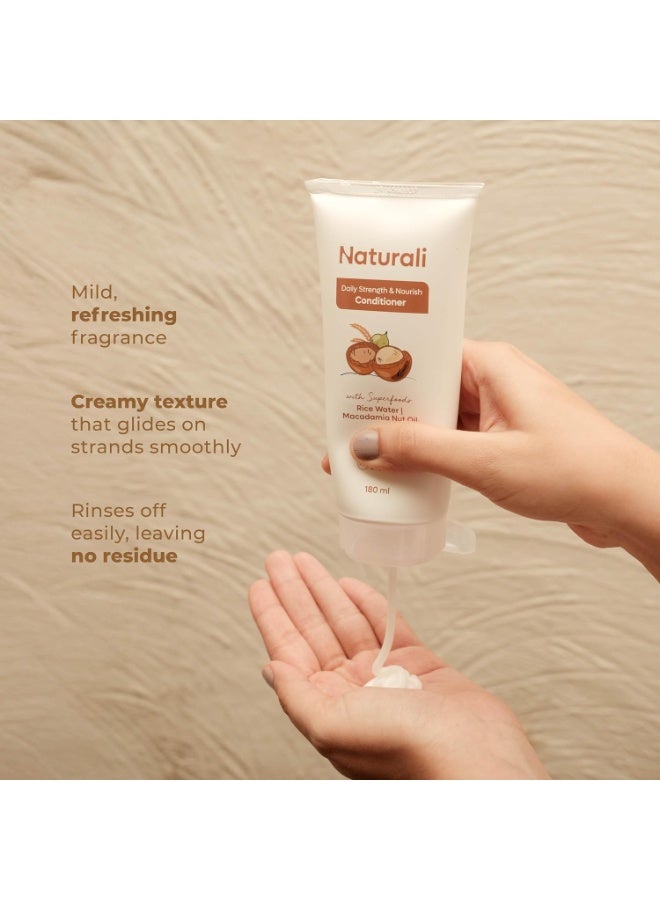 Naturali Daily Strength & Nourish Conditioner with Rice Water & Macadamia Nut Oil | 2X Nourishment & Shine | Strengthens Hair & Reduces Frizz | Sulphate & Paraben Free Everyday Conditioner For Women & Men | 180ml - Image 3